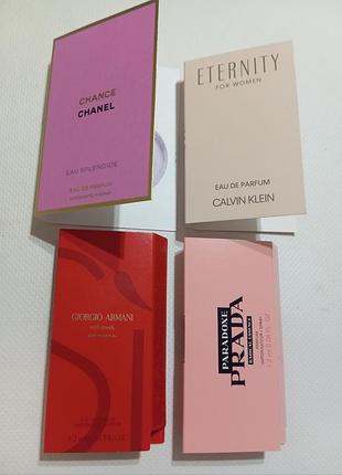 Набор пробников.  giorgio armani red musk 1,2 ml.   prada paradoxe 1,2 ml. chanel chance 1,5 ml. calvin klein eternity 1,5 ml.