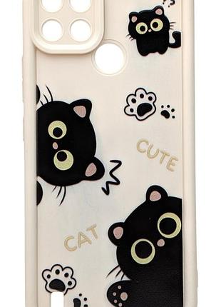 Чехол shock case print для realme c25y бампер силиконовый цвет бежевый с рисунком котики