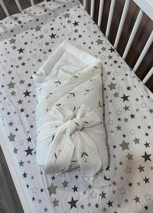 Муслиновые детские конверты (плед и бант) 75*100 см розовый