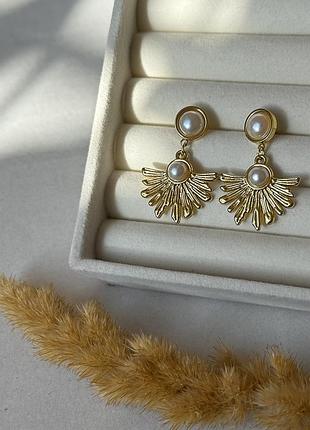 Золотые серьги листики c жемчужинами 💛 stainless steel