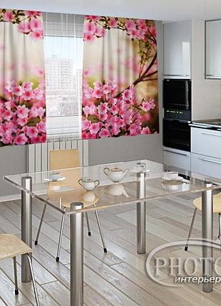 Фото штори для кухні "сакура" 1,5м*2,0м (2 полотна по 1,0м), тасьма