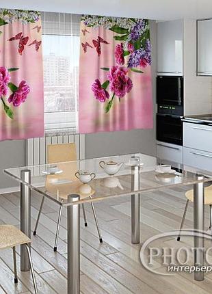 Фото шторы для кухни "гвоздики, сирень и бабочки" 2,0м*2,9м (2 полотна по 1,45м), тесьма