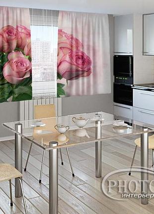 Фото штори для кухні "букет троянд" 1,5м*2,0м (2 полотна по 1,0м), тасьма