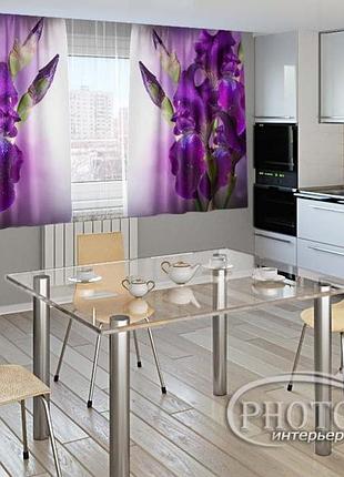 Фото шторы для кухни "бархатные ирисы" 1,5м*2,0м (2 полотна по 1,0м), тесьма.