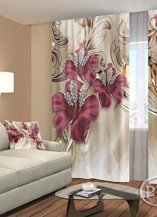 Фото шторы "красные цветы и стразы 2" 2,5м*2,9м (2 полотна по 1,45м), тесьма
