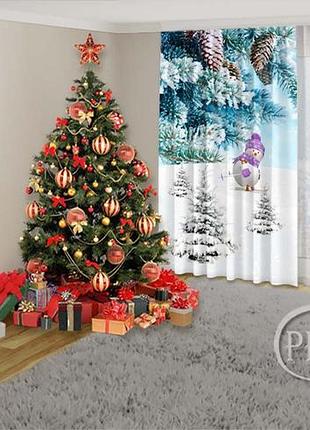 Новогодние фото шторы "снеговики" высота 2,50м, ширина 2,90м