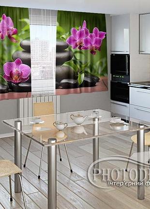 Фото штори для кухні "композиція з орхідей 1" 1,5м*2,0м (2 полотна по 1,0м), тасьма