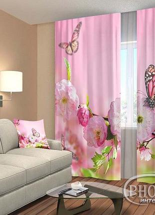 Фото шторы "бабочки на цветах" 2,5м*2,9м (2 полотна по 1,45м), тесьма