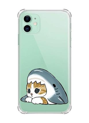 Чехол с утолщёнными углами для apple iphone 11 (6.1) котик акула (принт 421)