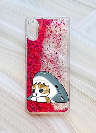 Чехол с плавающими розовыми блестками на xiaomi redmi 9a котик акула (принт 421)
