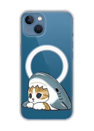 Магнитный чехол на iphone 13 (6.1) с поддержкой magsafe котик акула (принт 421)