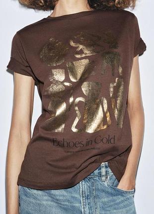 Шоколадная футболка с золотом zara размер s, m, l