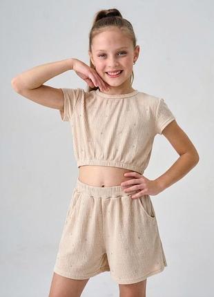 Летний костюм рубчик, футболка и шорты, в камушках