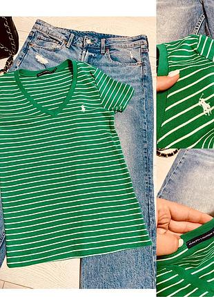 Жіноча трикотажна футболка ralph lauren sport в  зелено-білому кольорі в смужку розмір m