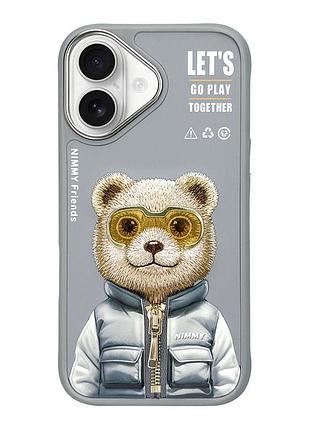 Чехол nimmy 3d matal buttons apple iphone 16 bear grey