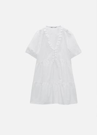 Белое хлопковое платье с v- вырезом от zara
