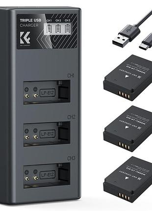 Комплект из трех аккумуляторов 1100маг и зарядного устройства k&f concept lp-e12 для фотокамер canon (kf28.0091)