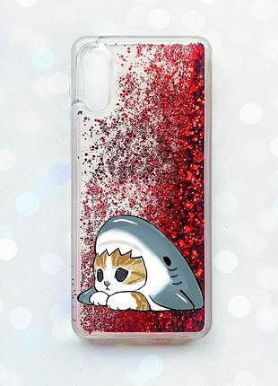 Чохол з плаваючими червоними блискітками на samsung galaxy a02/a022 (2021) котик акула (принт 421)