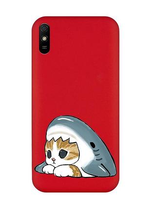 Матовый красный чехол на xiaomi redmi 9a котик акула (принт 421)