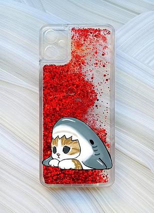 Чехол с плавающими красными блестками на samsung galaxy a05 (a055) котик акула (принт 421)