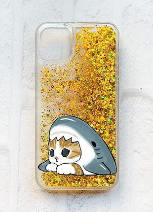 Чехол с плавающими золотыми блестками на iphone 11 котик акула (принт 421)