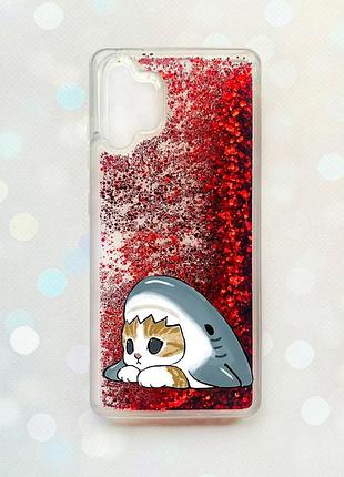 Чохол з плаваючими червоними блискітками samsung galaxy a32 котик акула (принт 421)