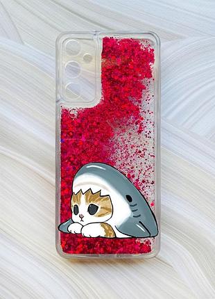 Чехол с плавающими розовыми блестками на samsung galaxy a25 (a256) котик акула (принт 421)