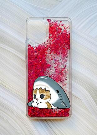 Чехол с плавающими розовыми блестками на samsung galaxy a22 4g/m22/m32 котик акула (принт 421)