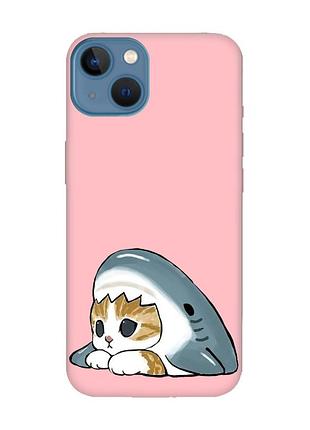 Матовый розовый чехол на apple iphone 13 котик акула (принт 421)