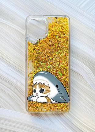 Чехол с плавающими золотыми блестками на samsung galaxy a22 4g/m22/m32 котик акула (принт 421)