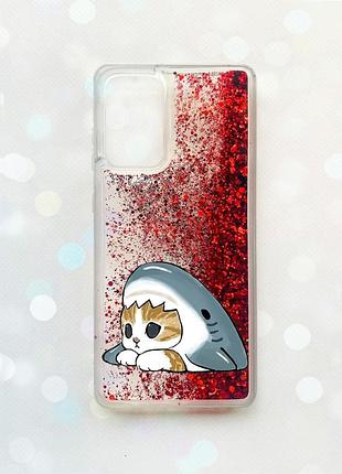 Чохол з плаваючими червоними блискітками на samsung galaxy a52 (a525) котик акула (принт 421)