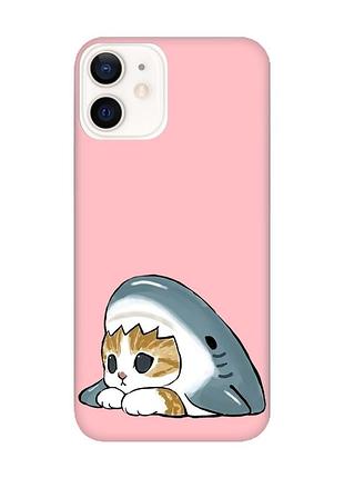 Матовый розовый чехол на apple iphone 12 / 12 pro (6.1) котик акула (принт 421)