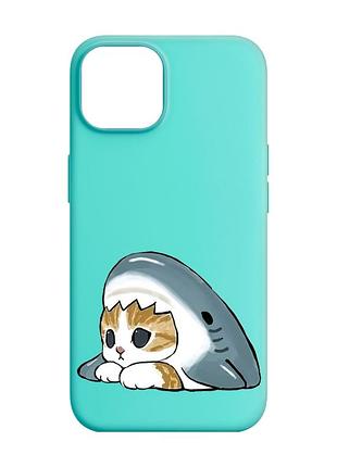 Матовый бирюзовый чехол на apple iphone 14 котик акула (принт 421)
