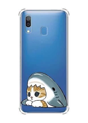 Чехол с утолщёнными углами на samsung galaxy a30 (2019) / a20 (2019) котик акула (принт 421)
