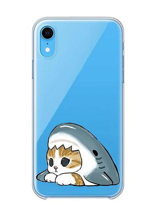 Прозрачный чехол на iphone xr котик акула (принт 421)