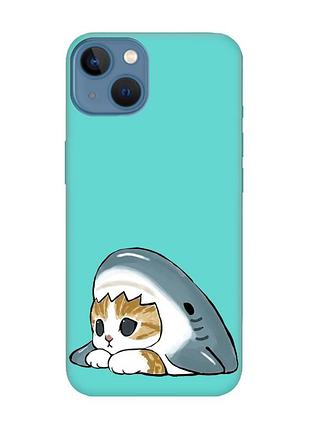 Матовий бірюзовий чохол на apple iphone 13 котик акула (принт 421)