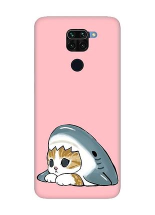 Матовый розовый чехол на xiaomi redmi note 9 котик акула (принт 421)