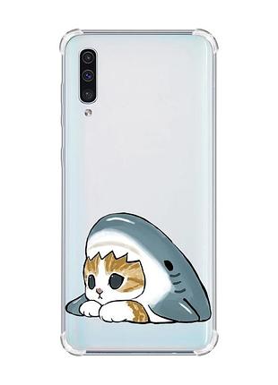 Чехол с утолщёнными углами на samsung galaxy a50 (2019) a505 котик акула (принт 421)
