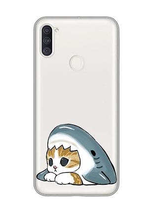 Прозрачный чехол на samsung galaxy a11 котик акула (принт 421)