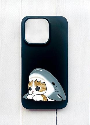 Матовий чохол на iphone 15 plus чорний котик акула (принт 421)