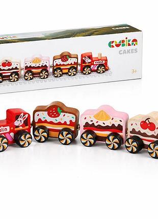 Деревяний поїзд для дітей cubika зі солодким дизайном безпечна еко іграшка для малюків з дерева