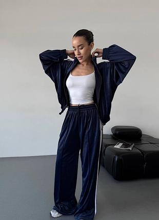 Жіночий костюм з лампасами oversize | велюр | чорний, синій, | 42–46