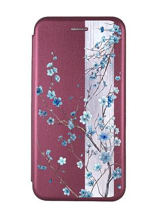 Чехол-книжка бордовый с рисунком на xiaomi redmi 9c/10a цветущая сакура (принт 422)