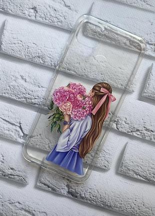 Прозрачный чехол для xiaomi redmi 9c / 10a объемный :: девушка с пионами (принт 11)