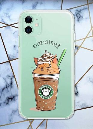 Прозрачный чехол на apple iphone 11 (6,1) :: капучино котик (принт 97)