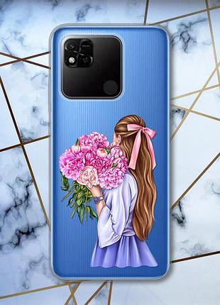 Прозорий чохол на xiaomi redmi 10a рельєфний дизайн дівчина з півоніями принт 11