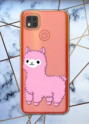 Прозрачный чехол для xiaomi redmi 9c :: лама розовая (принт 100)