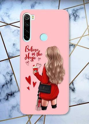 Матовый чехол с розовыми боками на xiaomi redmi note 8 девушка с кофе (принт 137)