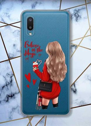 Прозрачный чехол на samsung galaxy a02 / a022 (2021) девушка с кофе (принт 137)