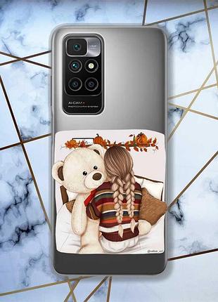 Прозрачный чехол для xiaomi redmi 10 :: девочка с мишкой (принт 117)